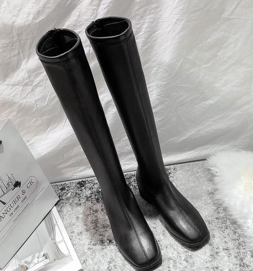 Autumn and winter women's versatile waterproof and anti slip square toe boots with a height not exceeding the knee, straight leg boots, slim and long leg, knight boots, women's boots, women's shoes