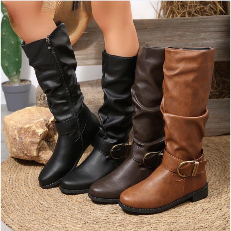Autumn and winter new women's round toe low heeled long boots with pleats, large leather boots, plus size women's boots, women's shoes