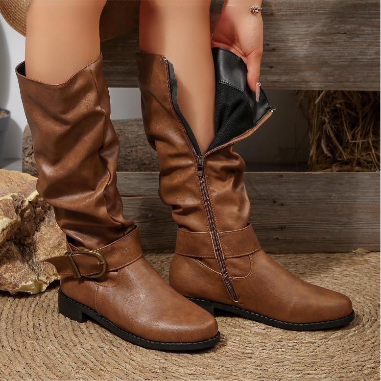 Autumn and winter new women's round toe low heeled long boots with pleats, large leather boots, plus size women's boots, women's shoes