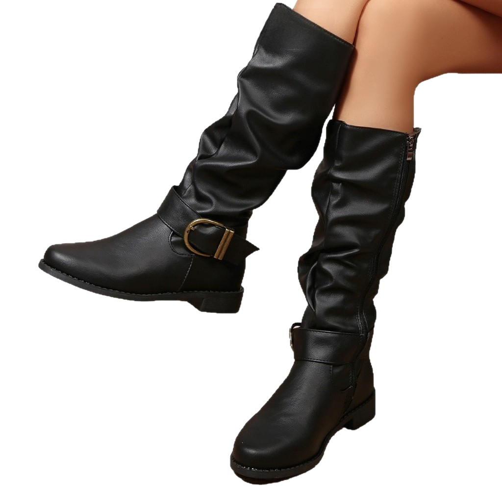Autumn and winter new women's round toe low heeled long boots with pleats, large leather boots, plus size women's boots, women's shoes