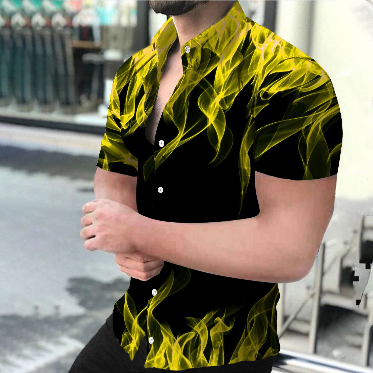 Men's casual short sleeved shirt 3D printed flame shirt European and American personalized men's plus size men's shirt