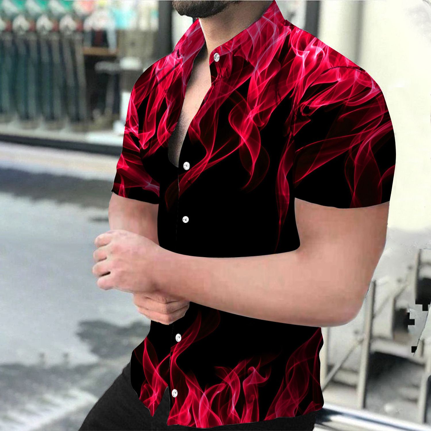Men's casual short sleeved shirt 3D printed flame shirt European and American personalized men's plus size men's shirt