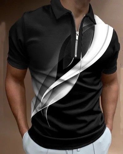 New men's casual breathable short sleeved T-shirt POLO shirt casual lapel 3D printed short sleeved zipper POLO men's clothing