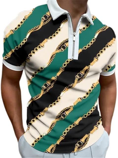 New men's casual breathable short sleeved T-shirt POLO shirt casual lapel 3D printed short sleeved zipper POLO men's clothing