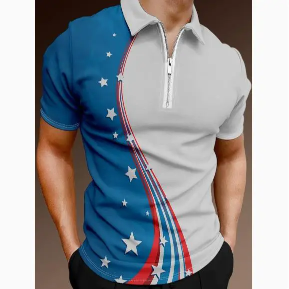 New men's casual breathable short sleeved T-shirt POLO shirt casual lapel 3D printed short sleeved zipper POLO men's clothing