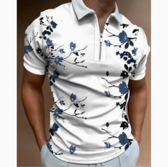 New men's casual breathable short sleeved T-shirt POLO shirt casual lapel 3D printed short sleeved zipper POLO men's clothing
