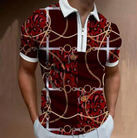New men's casual breathable short sleeved T-shirt POLO shirt casual lapel 3D printed short sleeved zipper POLO men's clothing