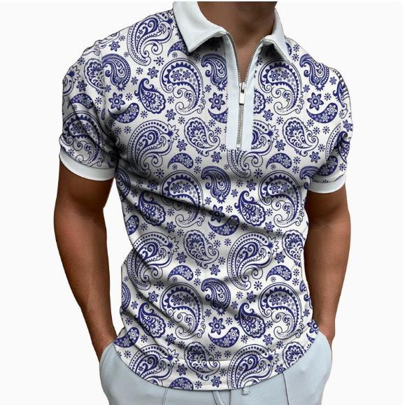 New men's casual breathable short sleeved T-shirt POLO shirt casual lapel 3D printed short sleeved zipper POLO men's clothing