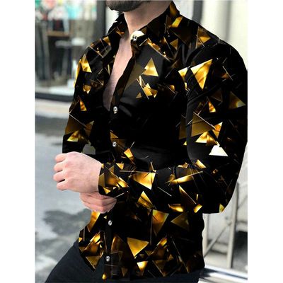 Spring and Autumn Men's Collar Long Sleeve Shirt with Dot Gradient 3D Printing, Cardigan Long Sleeve Shirt, Men's Wear