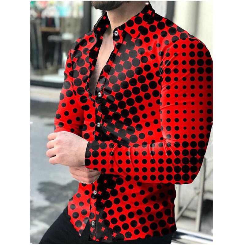 Spring and Autumn Men's Collar Long Sleeve Shirt with Dot Gradient 3D Printing, Cardigan Long Sleeve Shirt, Men's Wear