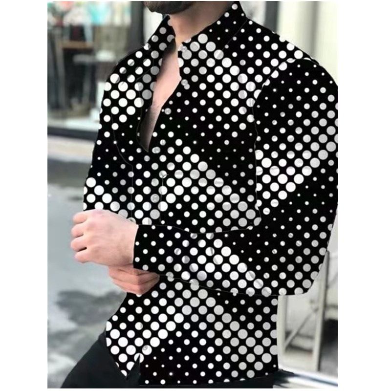 Spring and Autumn Men's Collar Long Sleeve Shirt with Dot Gradient 3D Printing, Cardigan Long Sleeve Shirt, Men's Wear
