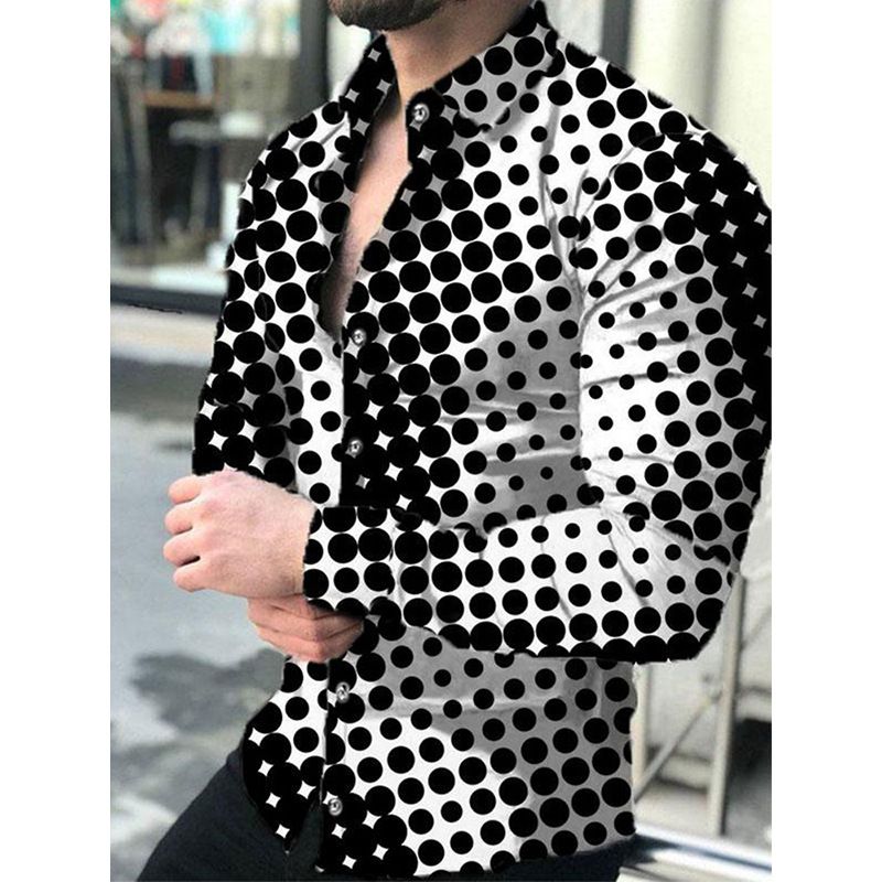 Spring and Autumn Men's Collar Long Sleeve Shirt with Dot Gradient 3D Printing, Cardigan Long Sleeve Shirt, Men's Wear