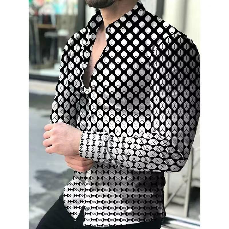 Spring and Autumn Men's Collar Long Sleeve Shirt with Dot Gradient 3D Printing, Cardigan Long Sleeve Shirt, Men's Wear