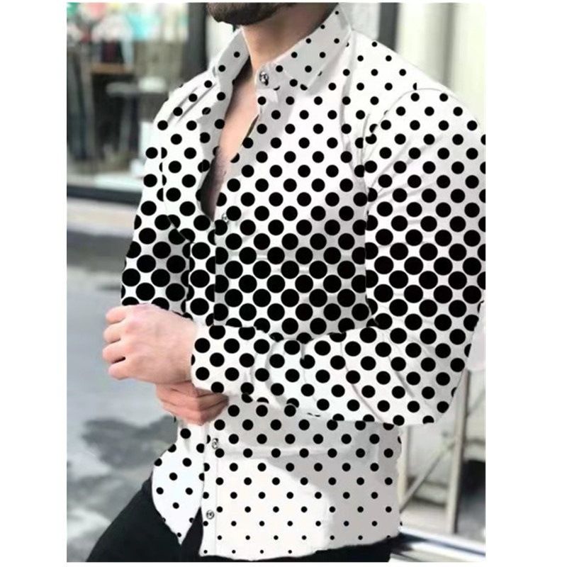 Spring and Autumn Men's Collar Long Sleeve Shirt with Dot Gradient 3D Printing, Cardigan Long Sleeve Shirt, Men's Wear