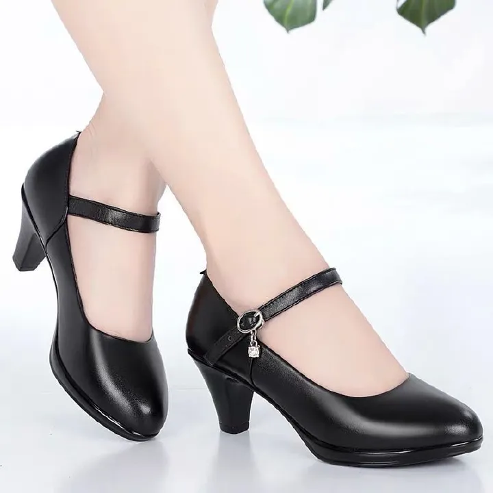 Women's comfortable mid heeled soft soled anti slip high heels, women's leather shoes, thick heels, round toe single shoes, waterproof platform, black work shoes, professional shoes