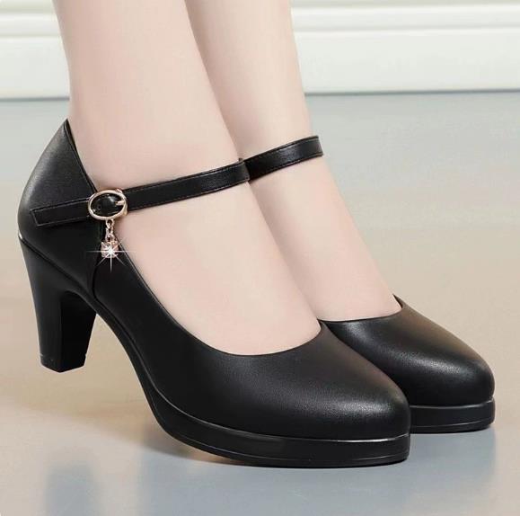 Women's comfortable mid heeled soft soled anti slip high heels, women's leather shoes, thick heels, round toe single shoes, waterproof platform, black work shoes, professional shoes