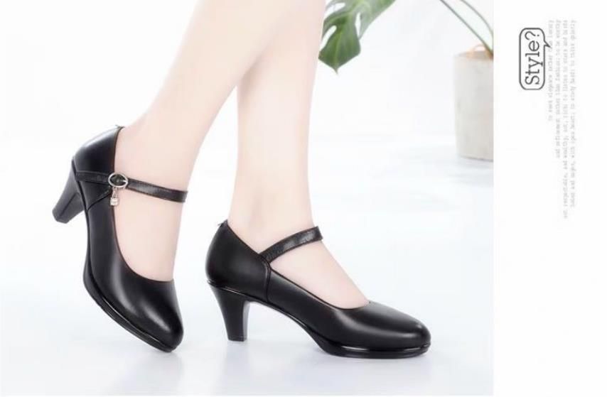 Women's comfortable mid heeled soft soled anti slip high heels, women's leather shoes, thick heels, round toe single shoes, waterproof platform, black work shoes, professional shoes