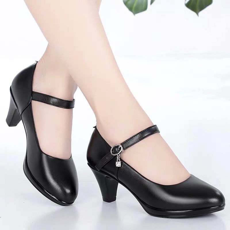 Women's comfortable mid heeled soft soled anti slip high heels, women's leather shoes, thick heels, round toe single shoes, waterproof platform, black work shoes, professional shoes