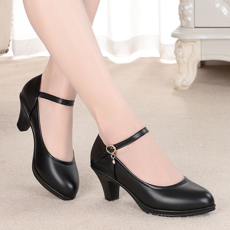 Women's comfortable mid heeled soft soled anti slip high heels, women's leather shoes, thick heels, round toe single shoes, waterproof platform, black work shoes, professional shoes