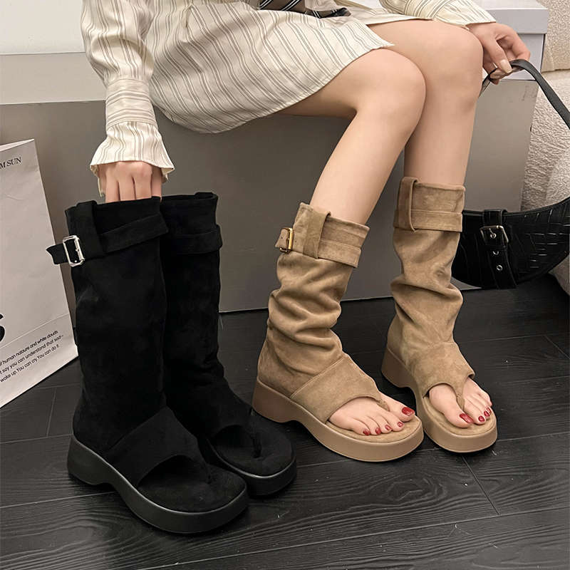 New women's thick soled height increasing clip on cool boots, Western cowboy pile up boots, short boots, clip on toe boots, women's shoes