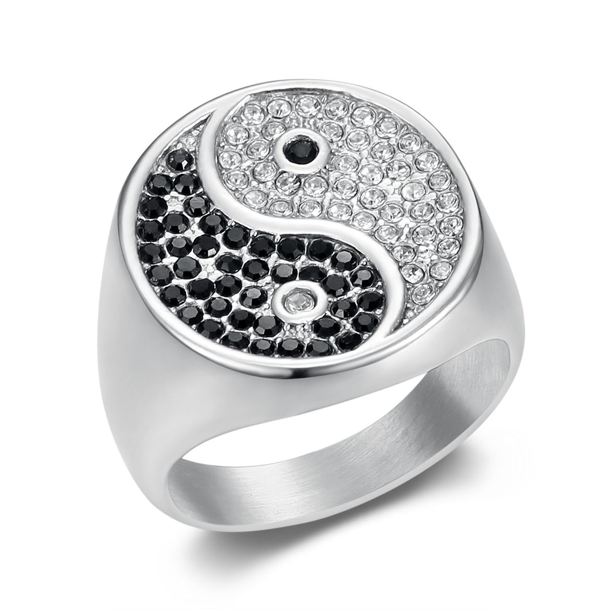 European and American retro stainless steel gold-plated men's ring hot selling ring with Tai Chi pattern and black and white diamond inlaid ring