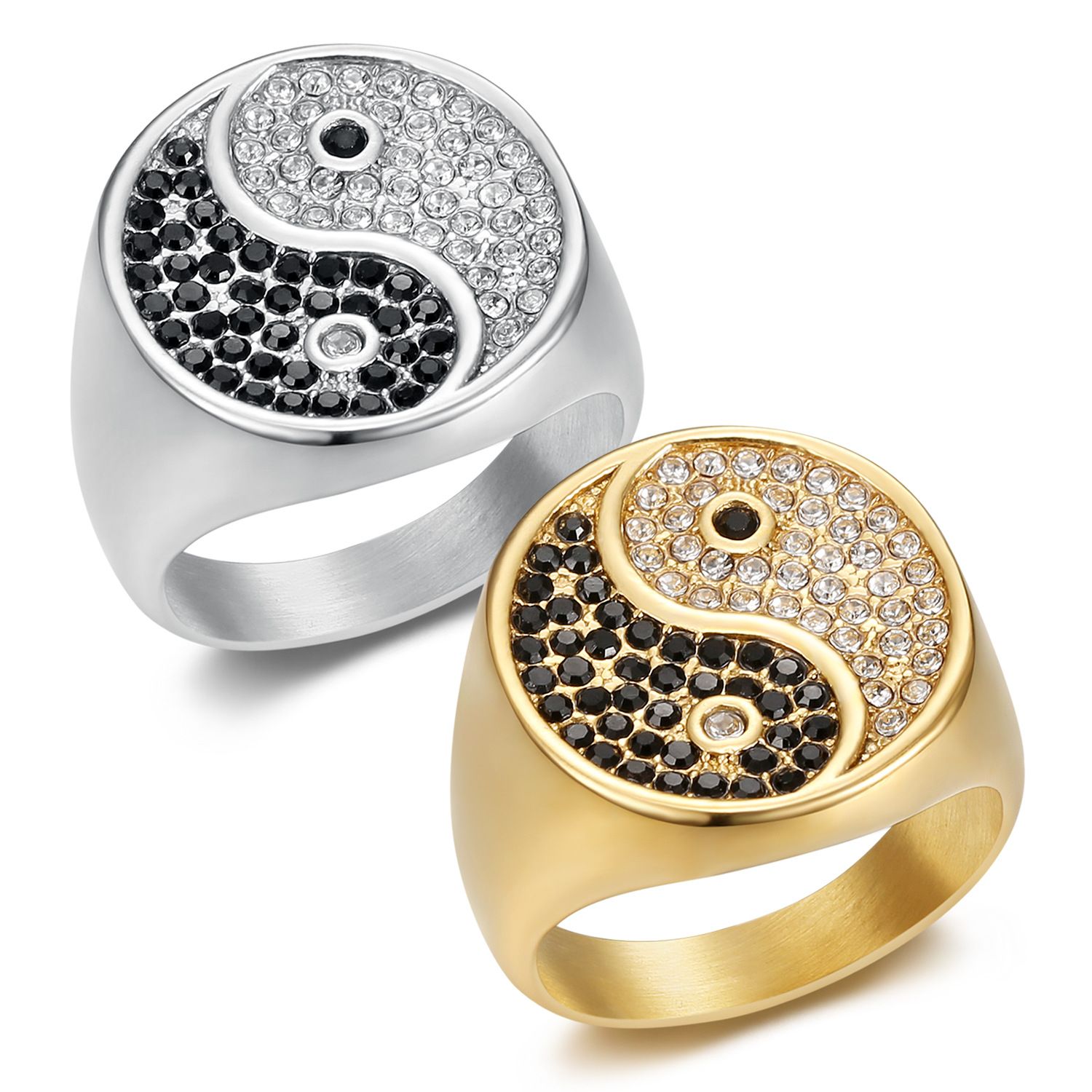 European and American retro stainless steel gold-plated men's ring hot selling ring with Tai Chi pattern and black and white diamond inlaid ring