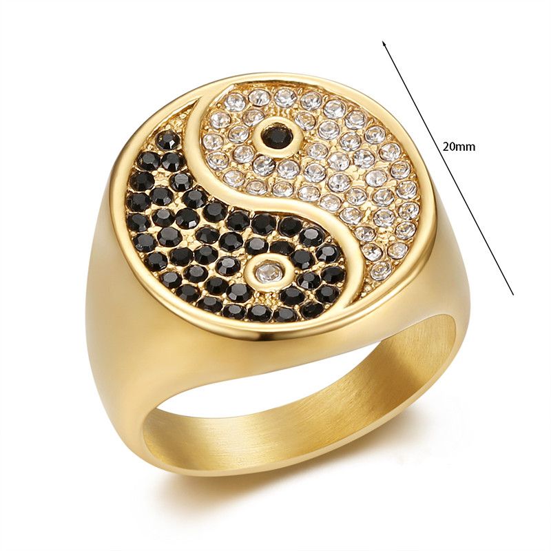 European and American retro stainless steel gold-plated men's ring hot selling ring with Tai Chi pattern and black and white diamond inlaid ring