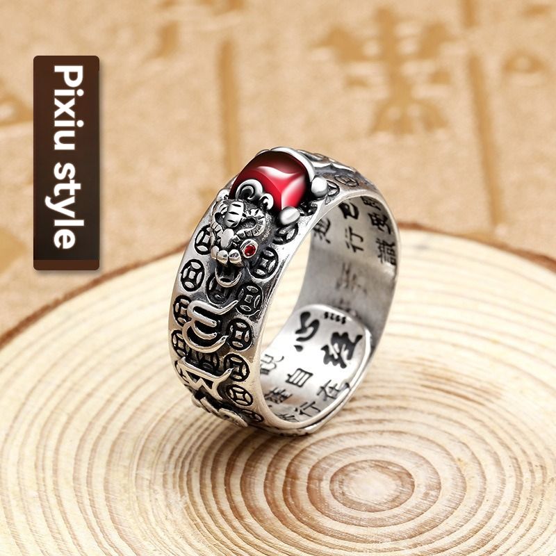 Retro opening adjustable men's ring, silver Pixiu ruby ring, transfer opening ring, living mouth domineering men's ring