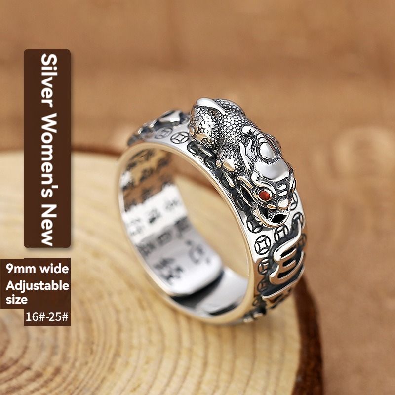 Retro opening adjustable men's ring, silver Pixiu ruby ring, transfer opening ring, living mouth domineering men's ring