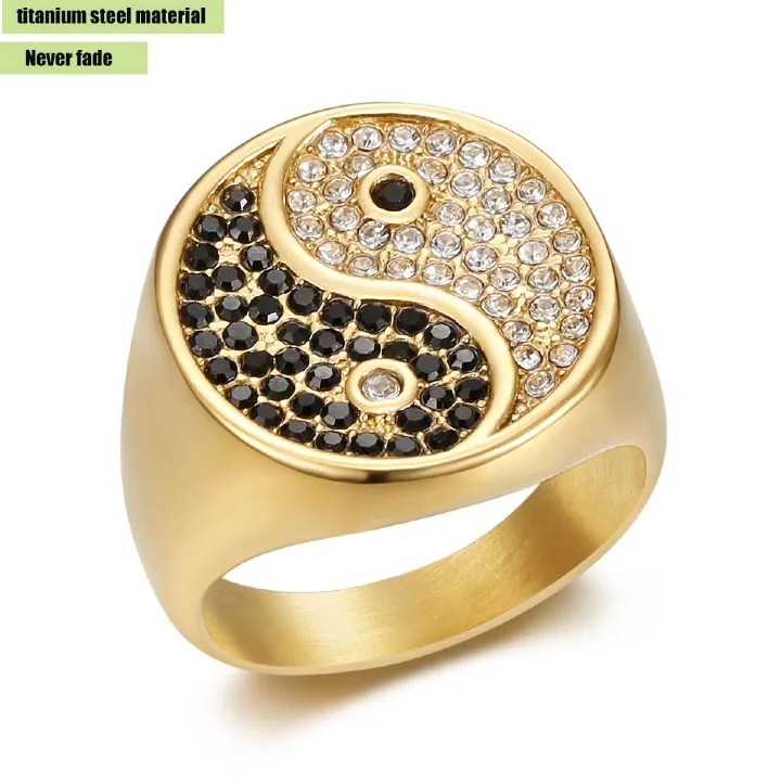 European and American retro stainless steel gold-plated men's ring hot selling ring with Tai Chi pattern and black and white diamond inlaid ring