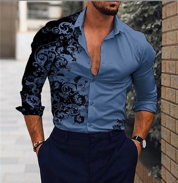 Four season men's long sleeved shirt, casual printed shirt, breathable men's shirt