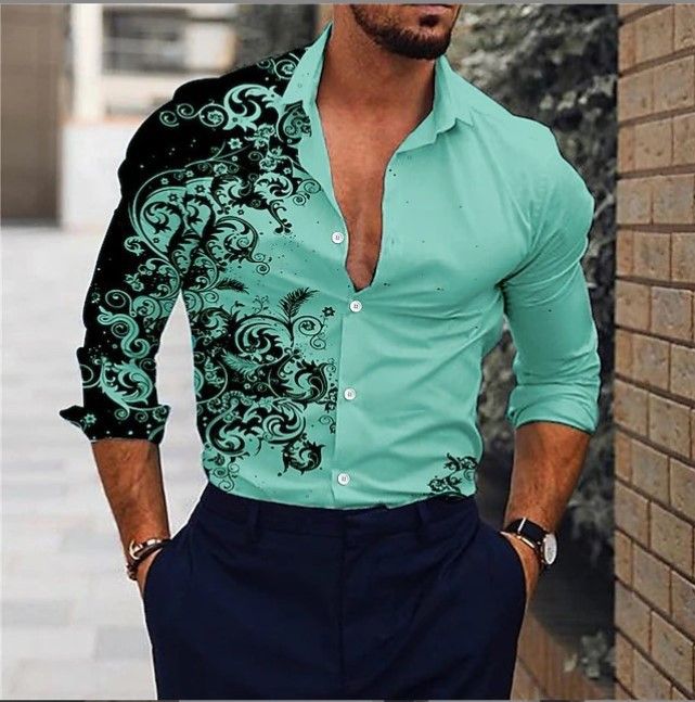 Four season men's long sleeved shirt, casual printed shirt, breathable men's shirt