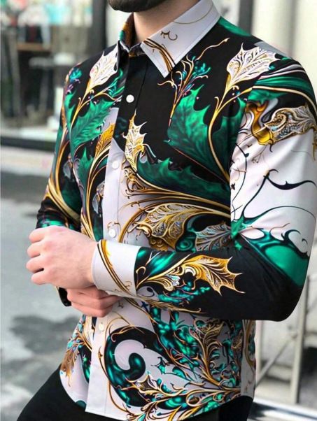 Spring and Autumn Men's Long sleeved Shirt 3D Digital Printed Shirt Casual Long sleeved Shirt Collar Shirt Men's Wear