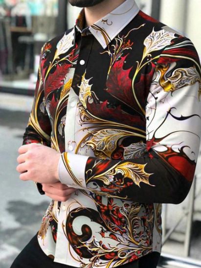 Spring and Autumn Men's Long sleeved Shirt 3D Digital Printed Shirt Casual Long sleeved Shirt Collar Shirt Men's Wear