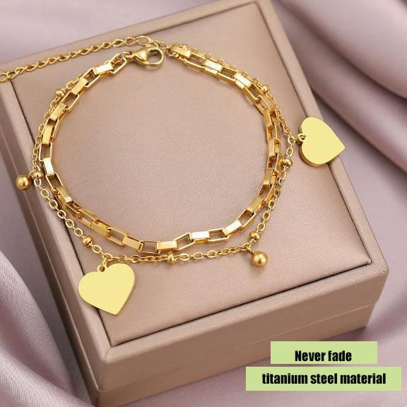 Women's Titanium Steel Everlasting Bracelet Couple Bracelet Double layered Peach Heart Retro Palace Love Bracelet European and American Style Handmade