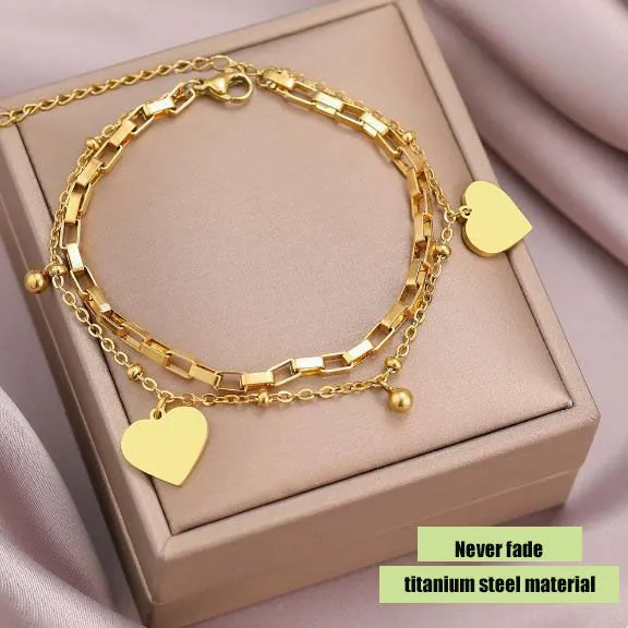 Women's Titanium Steel Everlasting Bracelet Couple Bracelet Double layered Peach Heart Retro Palace Love Bracelet European and American Style Handmade