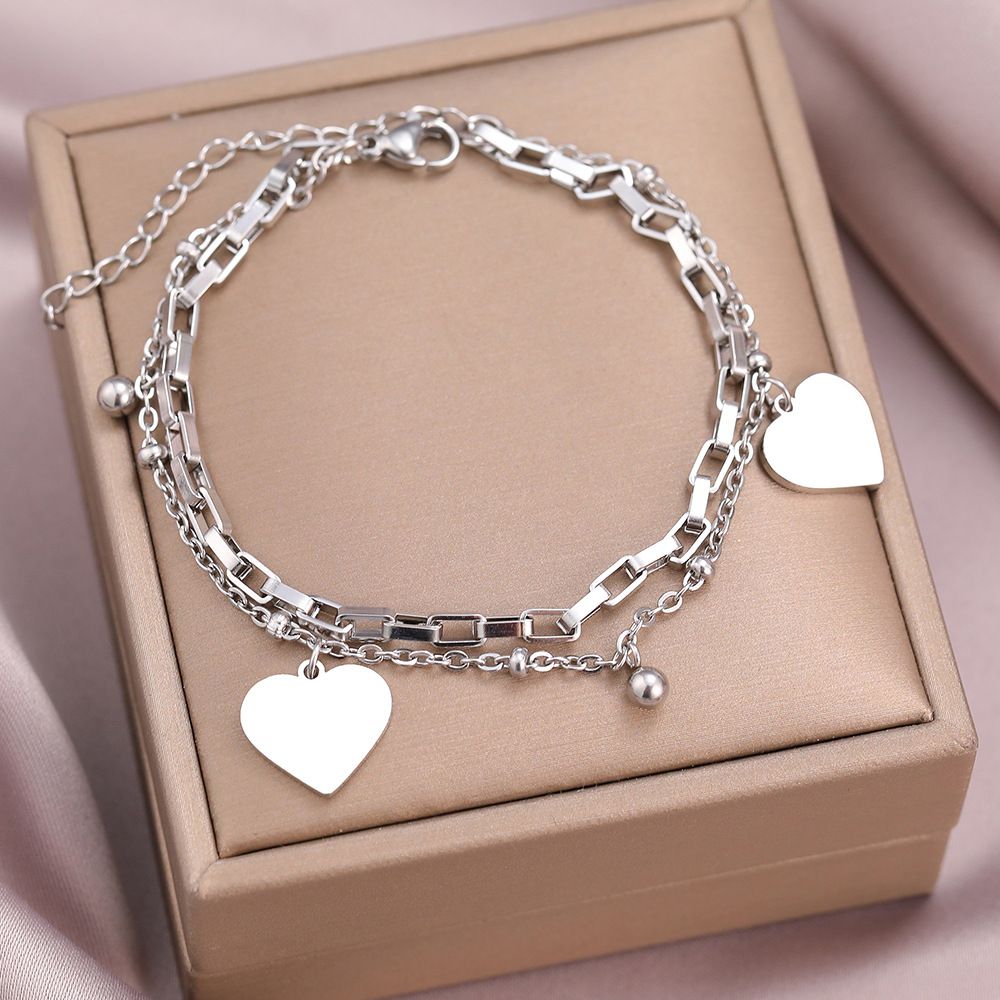 Women's Titanium Steel Everlasting Bracelet Couple Bracelet Double layered Peach Heart Retro Palace Love Bracelet European and American Style Handmade