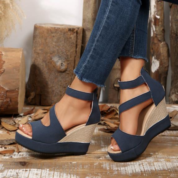 European and American plus size women's outdoor party high-heeled sandals, fish mouth sandals, wedge heel sandals, back zipper high-heeled sandals, women's shoes