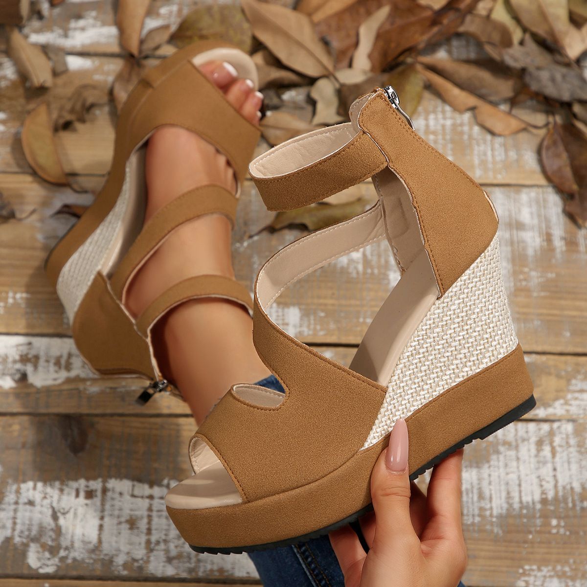European and American plus size women's outdoor party high-heeled sandals, fish mouth sandals, wedge heel sandals, back zipper high-heeled sandals, women's shoes