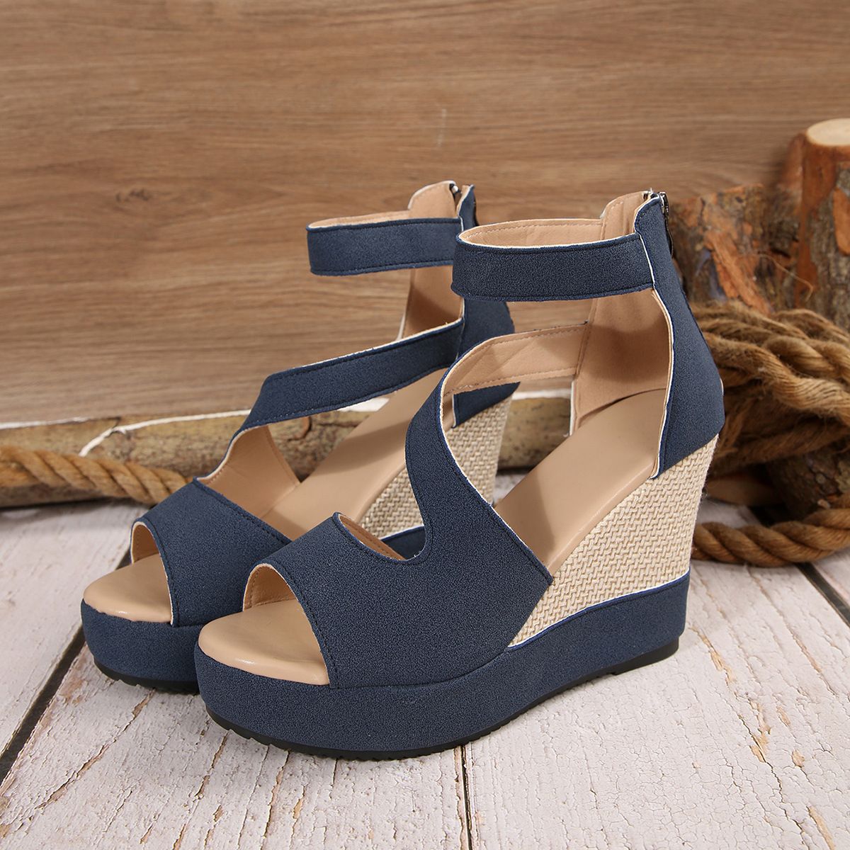 European and American plus size women's outdoor party high-heeled sandals, fish mouth sandals, wedge heel sandals, back zipper high-heeled sandals, women's shoes