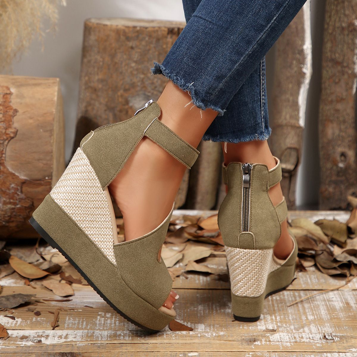 European and American plus size women's outdoor party high-heeled sandals, fish mouth sandals, wedge heel sandals, back zipper high-heeled sandals, women's shoes