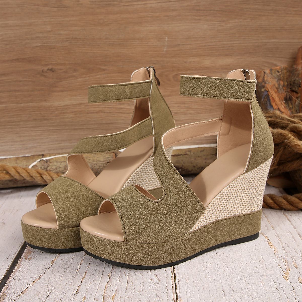 European and American plus size women's outdoor party high-heeled sandals, fish mouth sandals, wedge heel sandals, back zipper high-heeled sandals, women's shoes