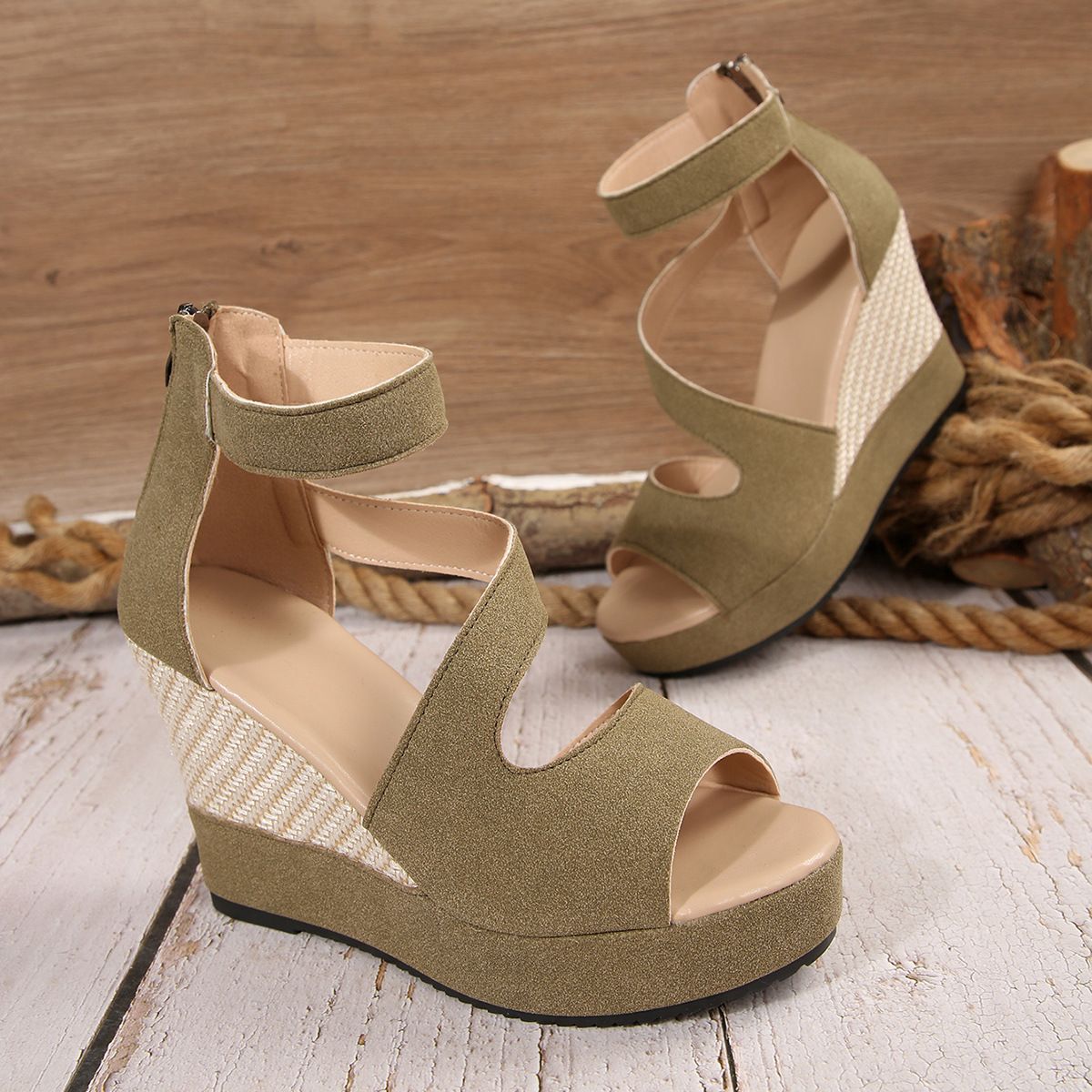 Large size women's fish mouth out, back zipper high-heeled sandals, wedge heel sandals, European and American out, back zipper high-heeled shoes, women's shoes