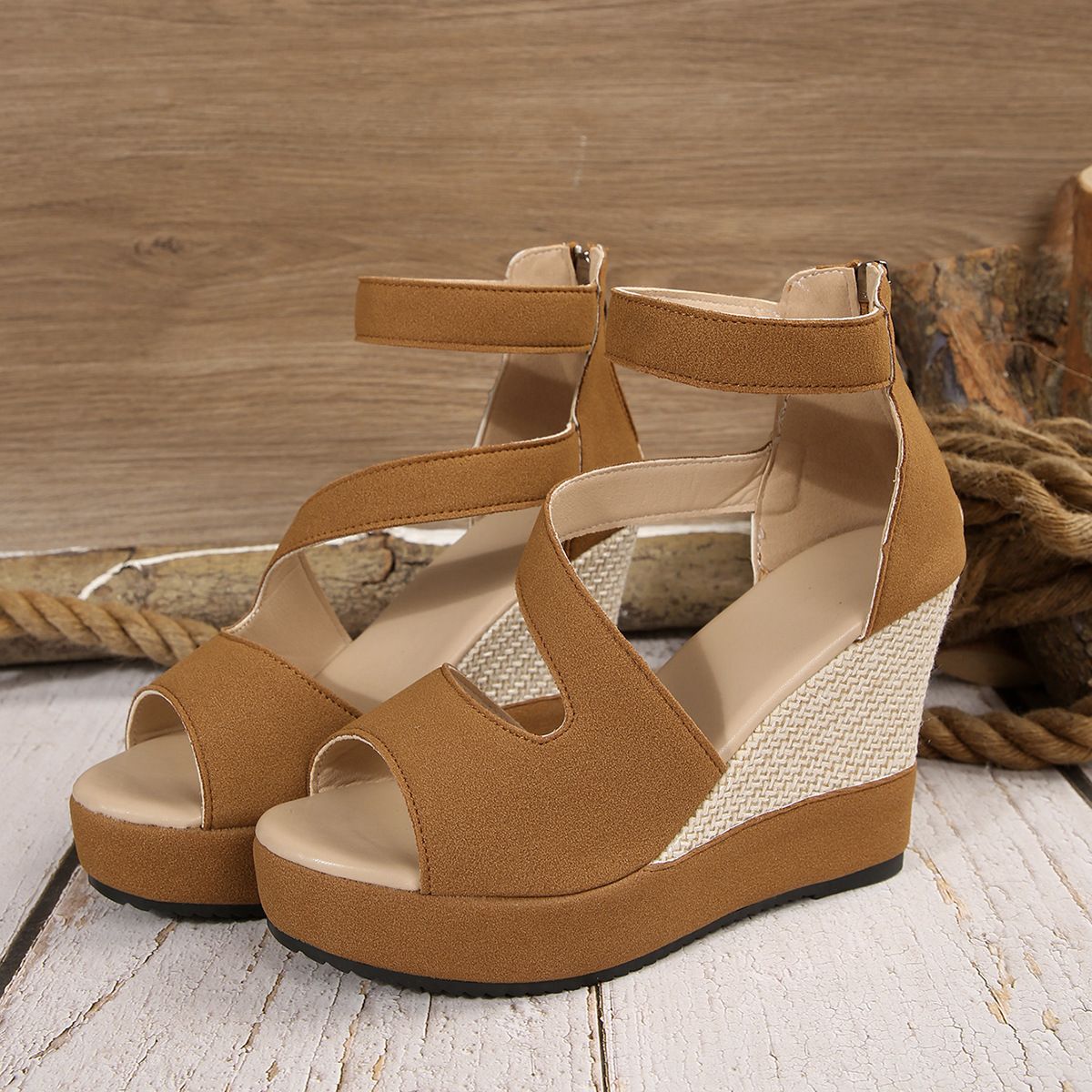 Large size women's fish mouth out, back zipper high-heeled sandals, wedge heel sandals, European and American out, back zipper high-heeled shoes, women's shoes