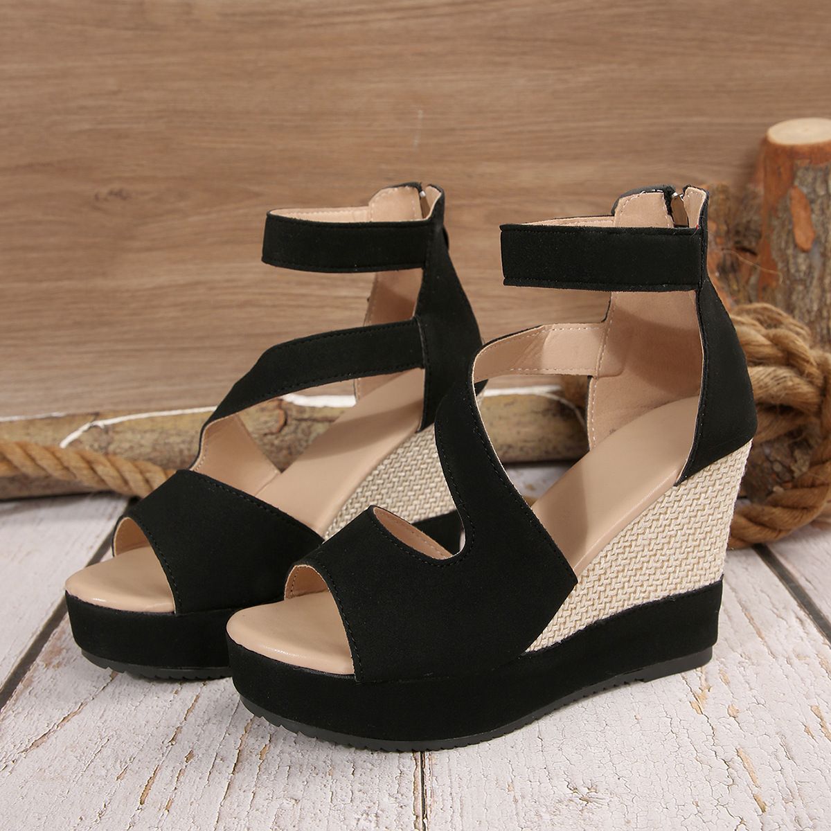 Large size women's fish mouth out, back zipper high-heeled sandals, wedge heel sandals, European and American out, back zipper high-heeled shoes, women's shoes