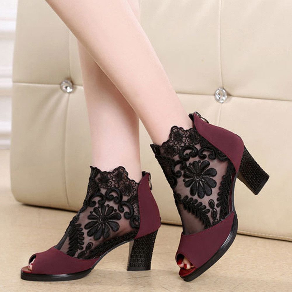 Large size women's mesh fish mouth high heels sandals ankle high heels thick heels lace fish mouth women's sandals