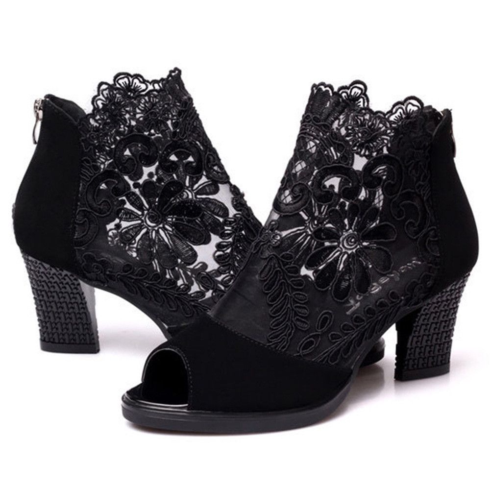 Large size women's mesh fish mouth high heels sandals ankle high heels thick heels lace fish mouth women's sandals