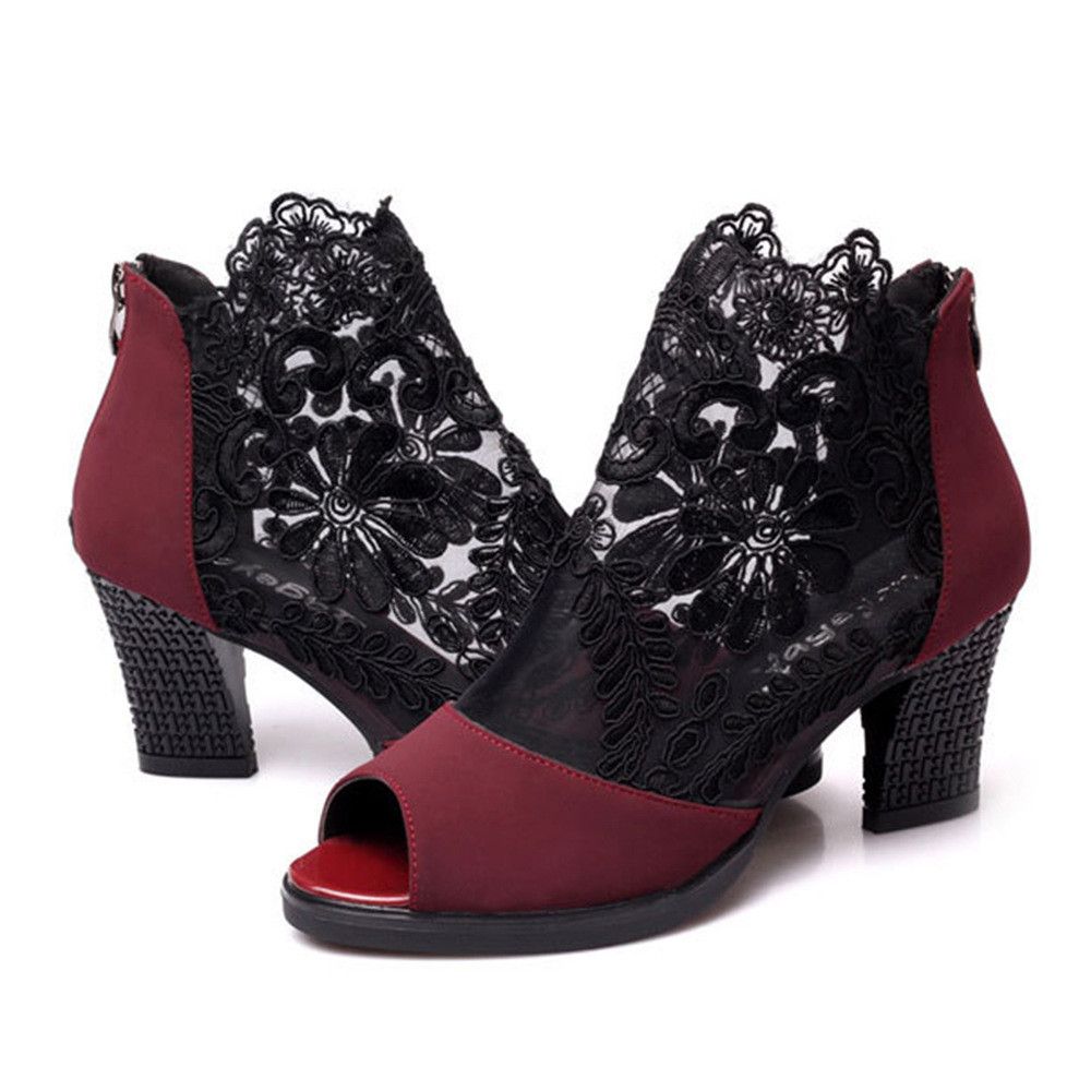 Large size women's mesh fish mouth high heels sandals ankle high heels thick heels lace fish mouth women's sandals