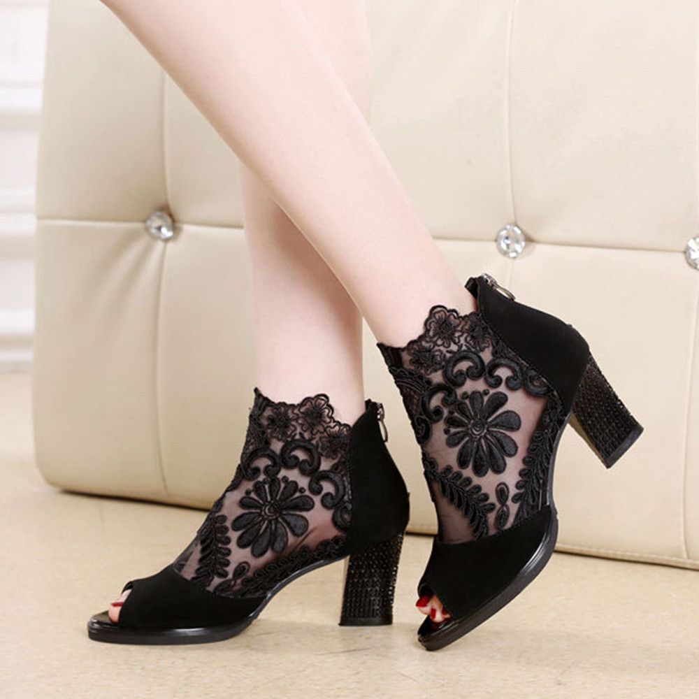 Large size women's mesh fish mouth high heels sandals ankle high heels thick heels lace fish mouth women's sandals