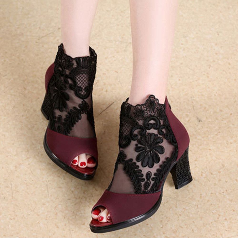 Large size women's mesh fish mouth high heels sandals ankle high heels thick heels lace fish mouth women's sandals